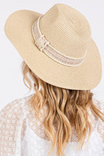 Load image into Gallery viewer, Tweed Pearl Band Straw Sun Hat
