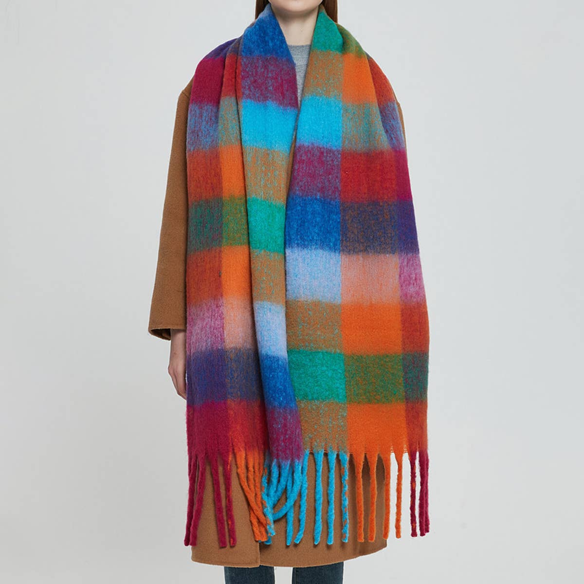 PLAID PATTERN FRINGE WINTER SCARF