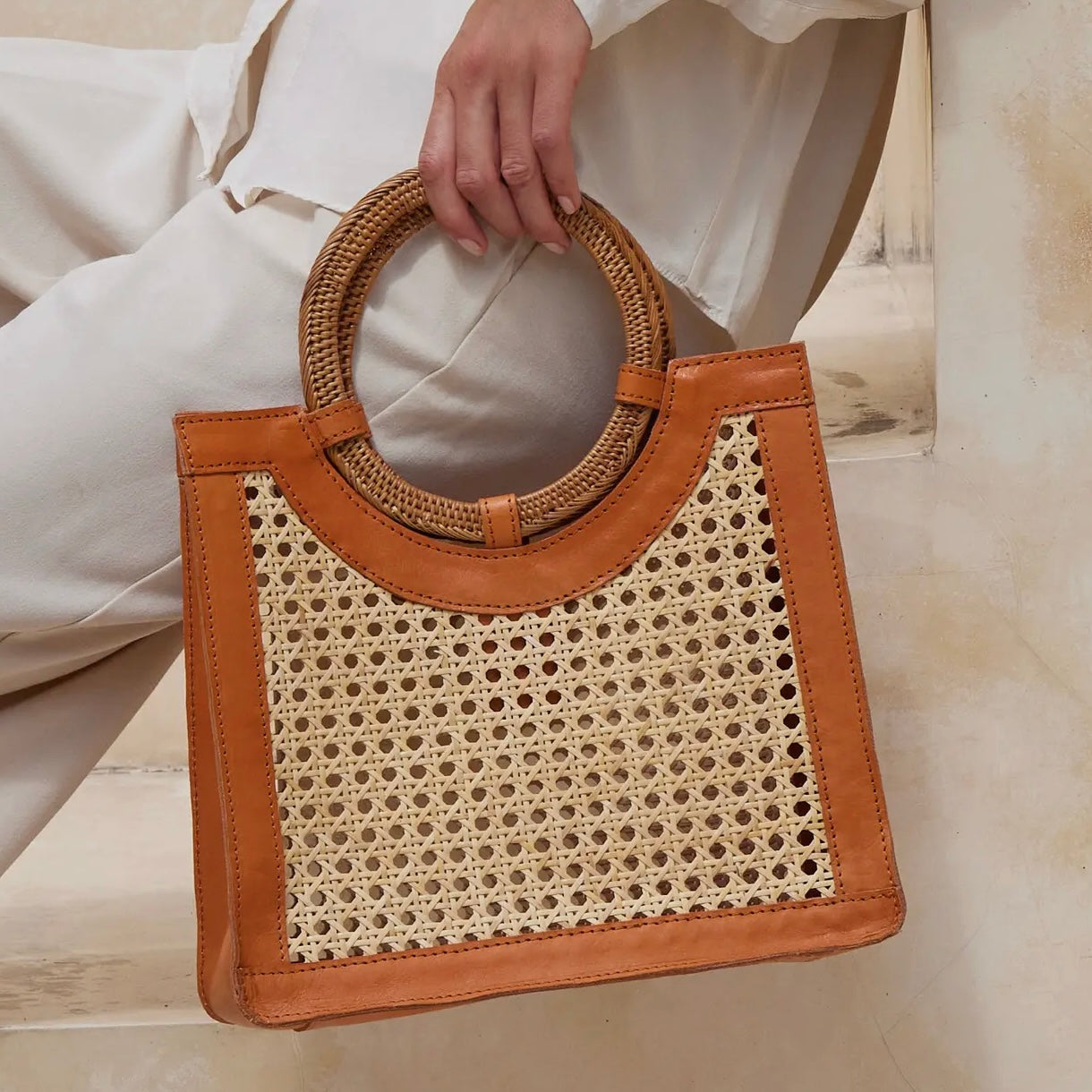 Rattan Cane Weave Bag with Round Handle