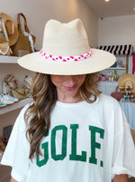 Load image into Gallery viewer, Beach Queen Hat White Palm with Pink/White Braid
