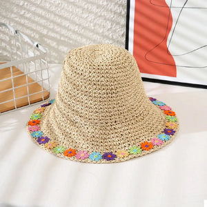 Floral Crochet Straw Bucket Hat