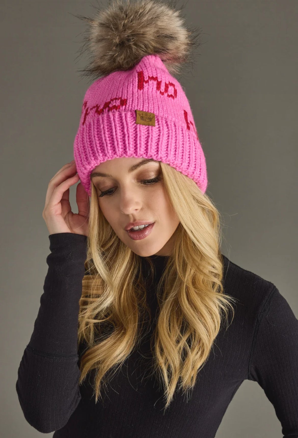 Pink and Red Knit Pom Hat