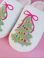 Load image into Gallery viewer, Pink Bow Christmas Tree Slippers
