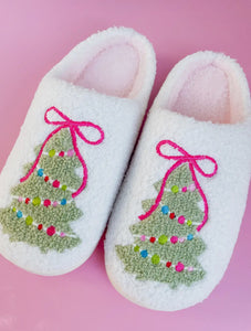 Pink Bow Christmas Tree Slippers