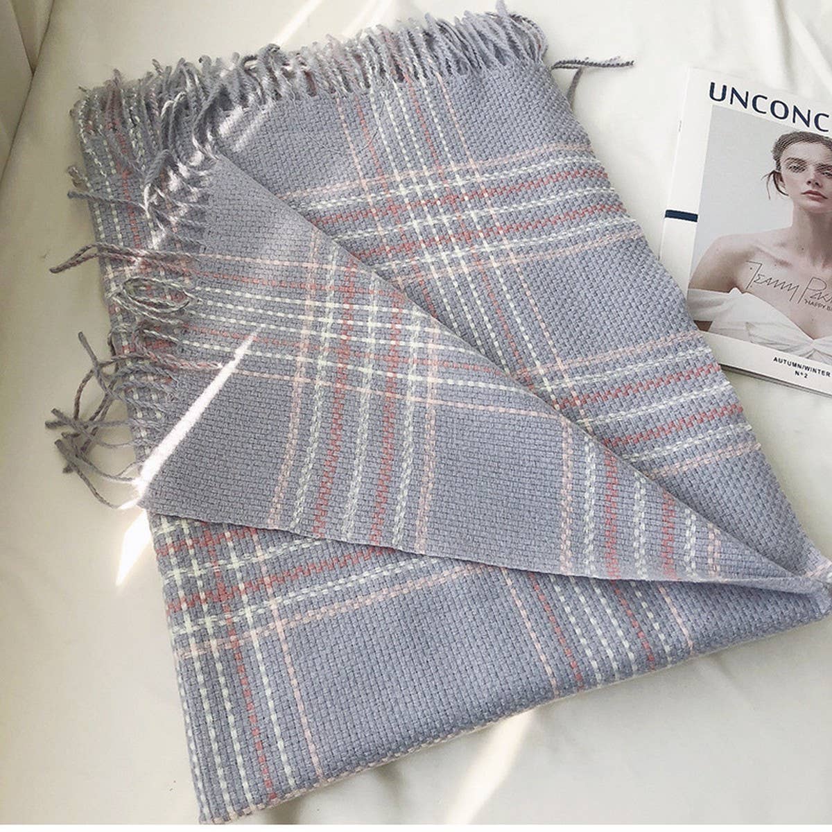 PLAID TASSEL SHAWL NECK SCARF