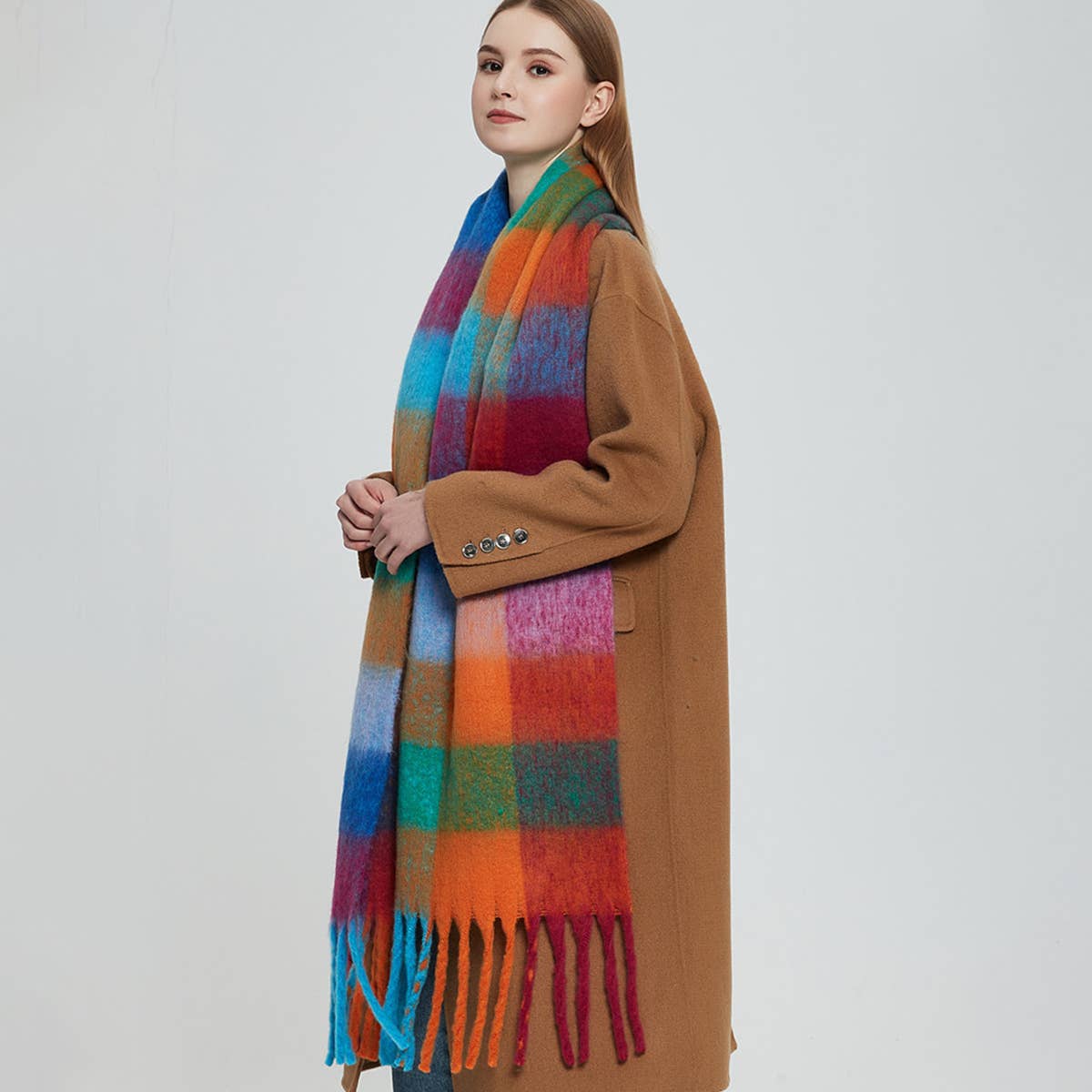 PLAID PATTERN FRINGE WINTER SCARF