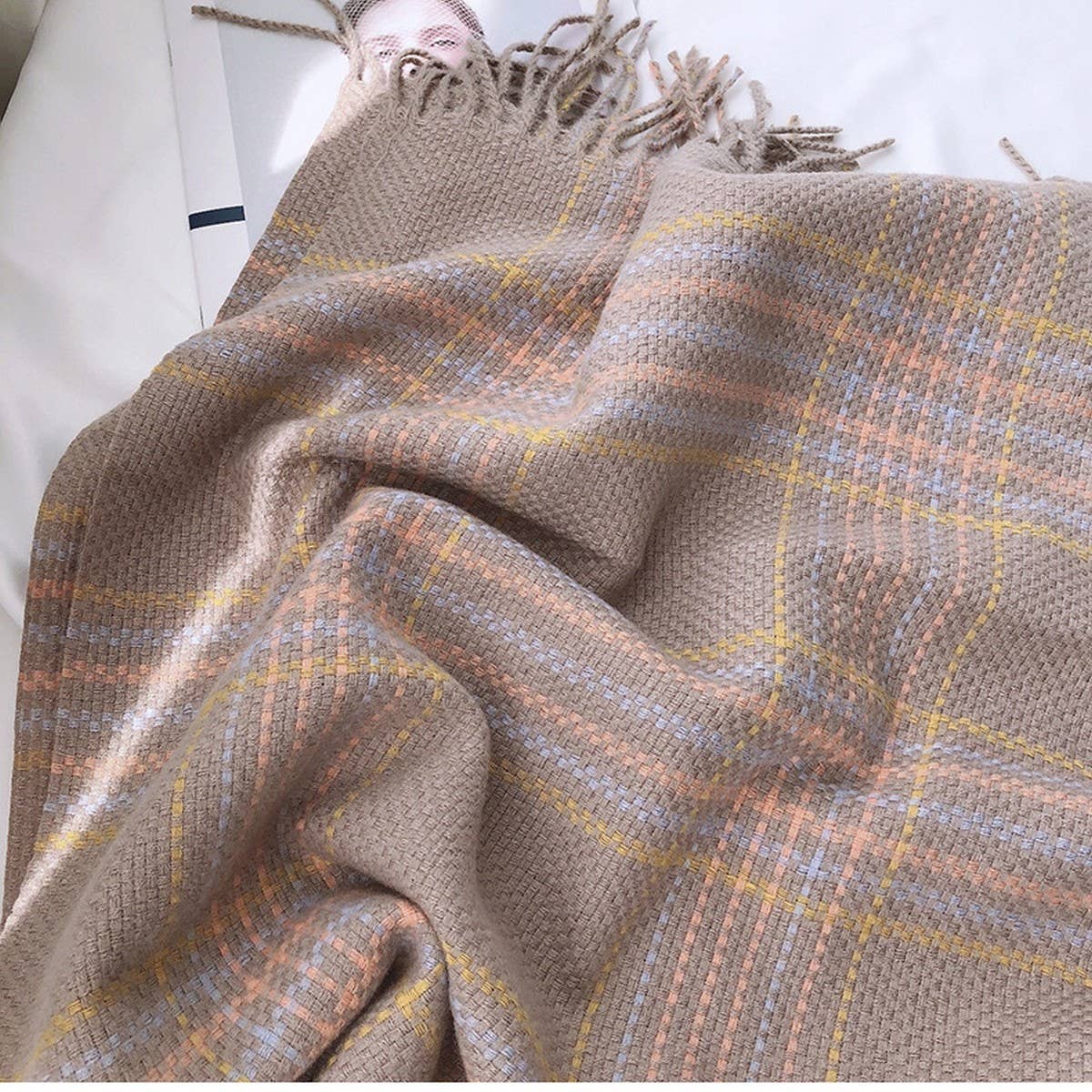 PLAID TASSEL SHAWL NECK SCARF