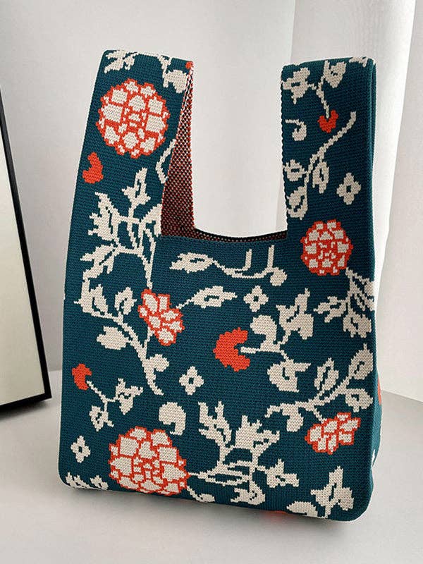 Floral Printed Woven Handbag